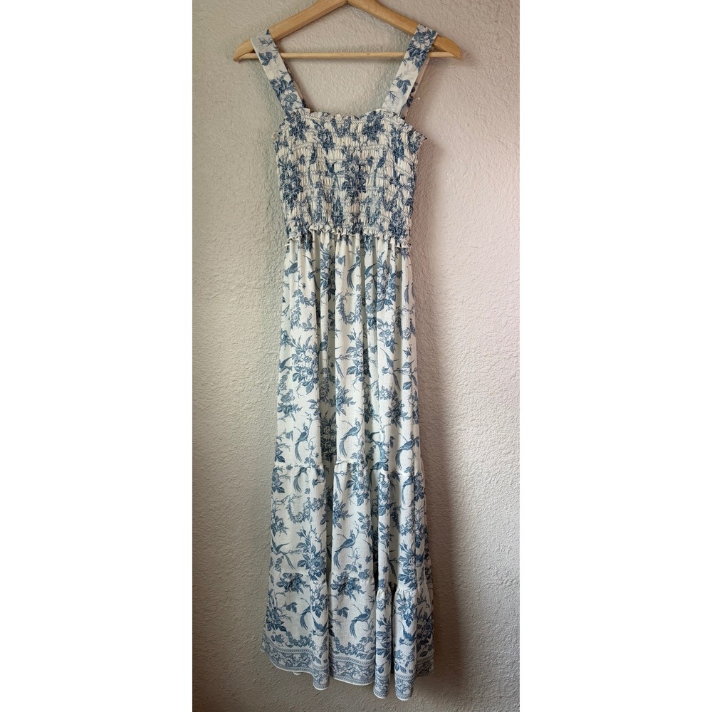 Max Studio London Blue White Toile Floral Bird Smocked Tiered Maxi Dress XS